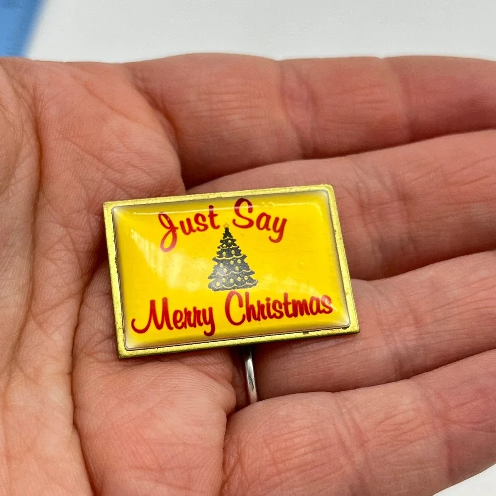 Just Say Merry Christmas Vintage Style Yellow Lapel Pin Xmas Tree Made in‎ USA